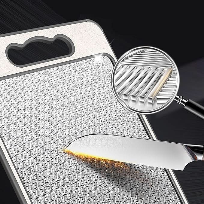 Dual-Sided Stainless Steel Cutting Board with Built-In Knife Sharpener and Non-Slip Silicone Rim 36.5x25cm