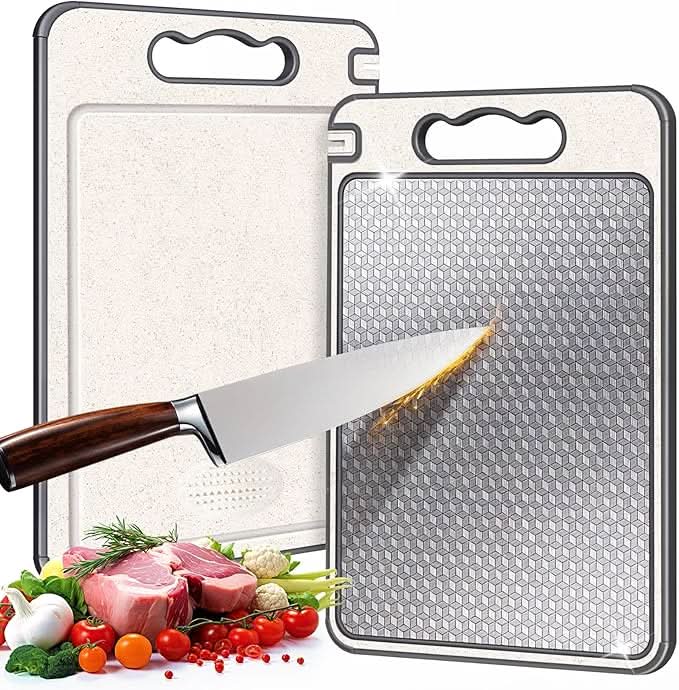 Dual-Sided Stainless Steel Cutting Board with Built-In Knife Sharpener and Non-Slip Silicone Rim 36.5x25cm