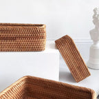 Rectangular Rattan Storage Basket Hand-Woven Natural Akifuji Rattan Organizer for Home Decor and Storage