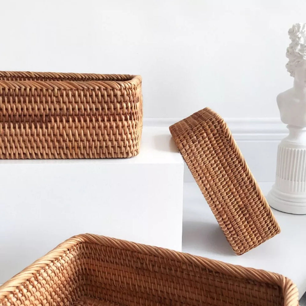 Rectangular Rattan Storage Basket Hand-Woven Natural Akifuji Rattan Organizer for Home Decor and Storage