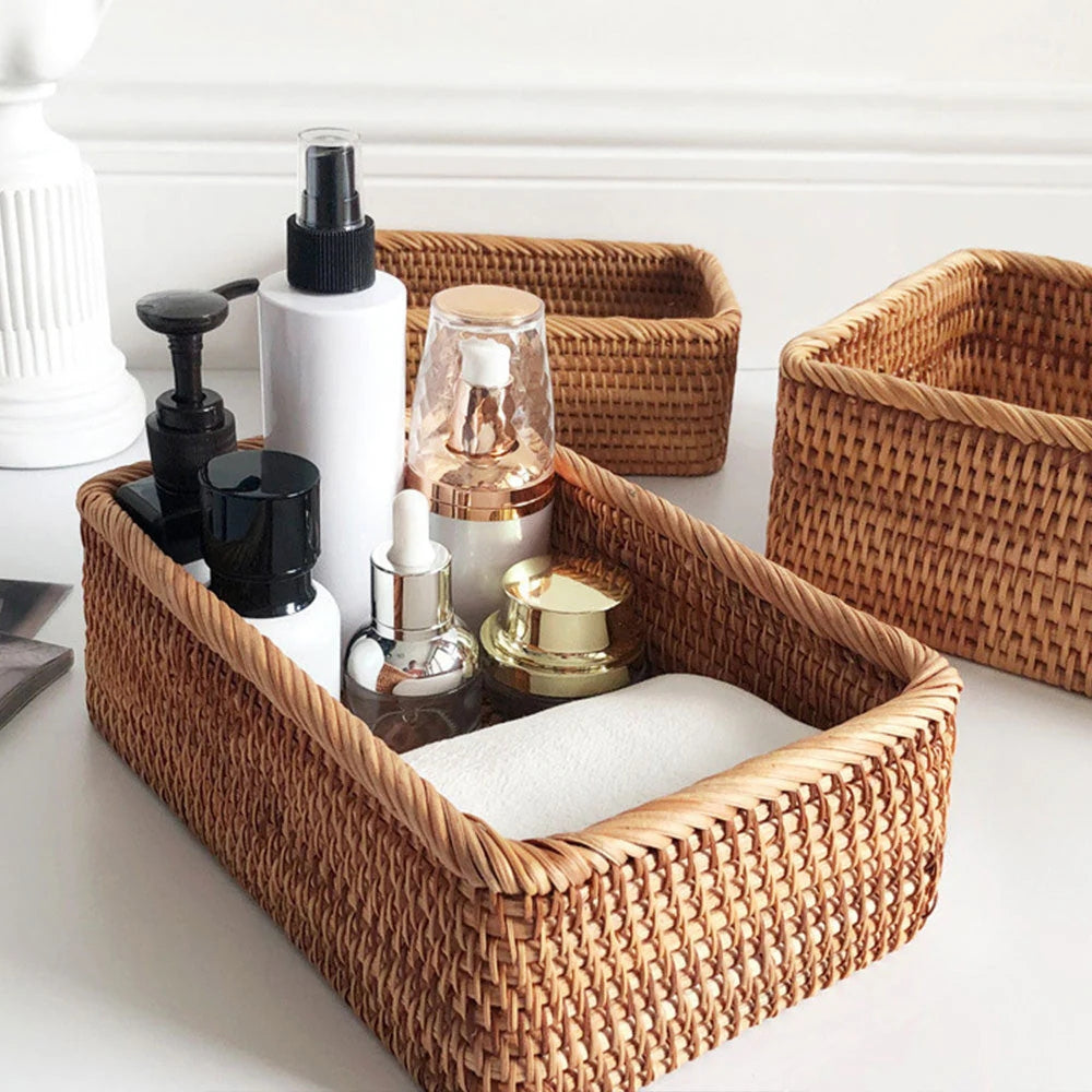 Rectangular Rattan Storage Basket Hand-Woven Natural Akifuji Rattan Organizer for Home Decor and Storage
