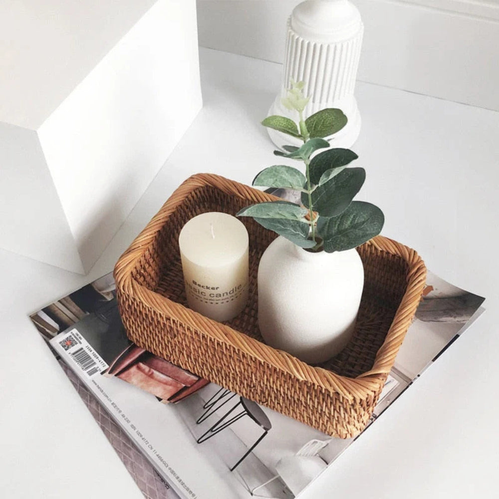 Rectangular Rattan Storage Basket Hand-Woven Natural Akifuji Rattan Organizer for Home Decor and Storage