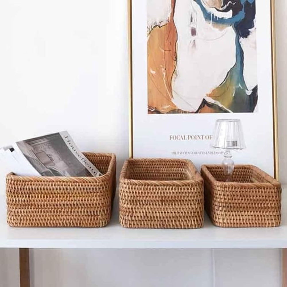 Rectangular Rattan Storage Basket Hand-Woven Natural Akifuji Rattan Organizer for Home Decor and Storage