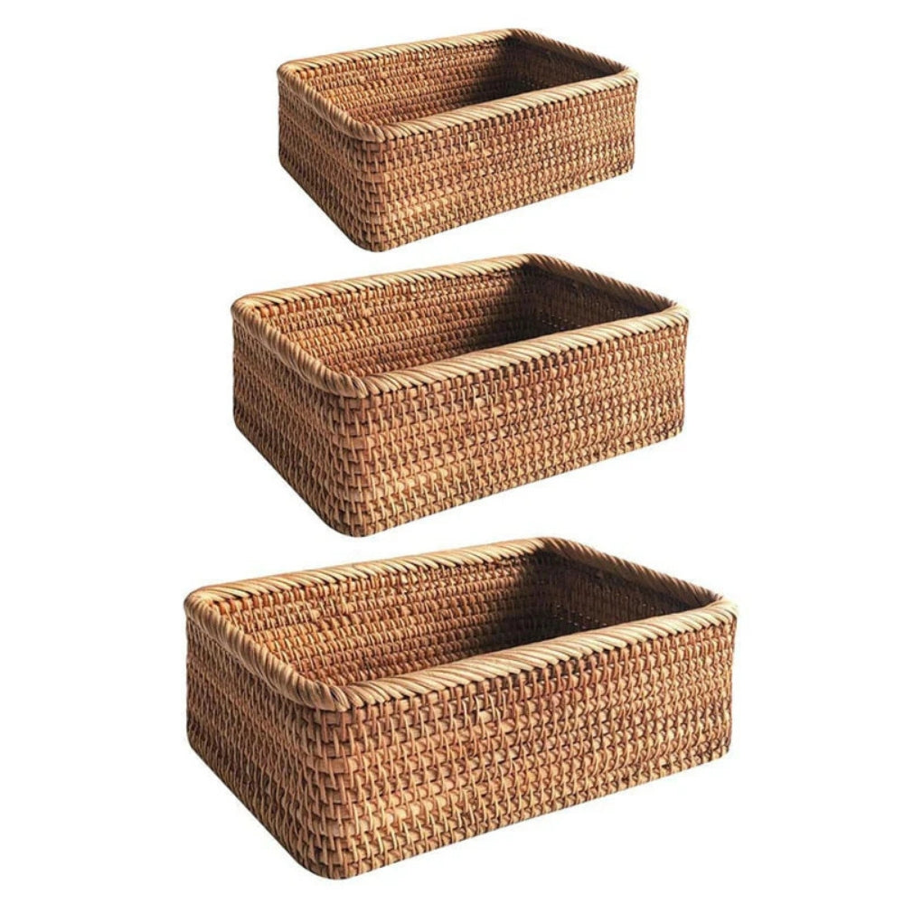 Rectangular Rattan Storage Basket Hand-Woven Natural Akifuji Rattan Organizer for Home Decor and Storage