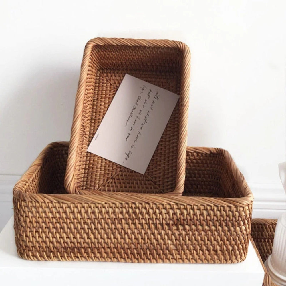 Rectangular Rattan Storage Basket Hand-Woven Natural Akifuji Rattan Organizer for Home Decor and Storage