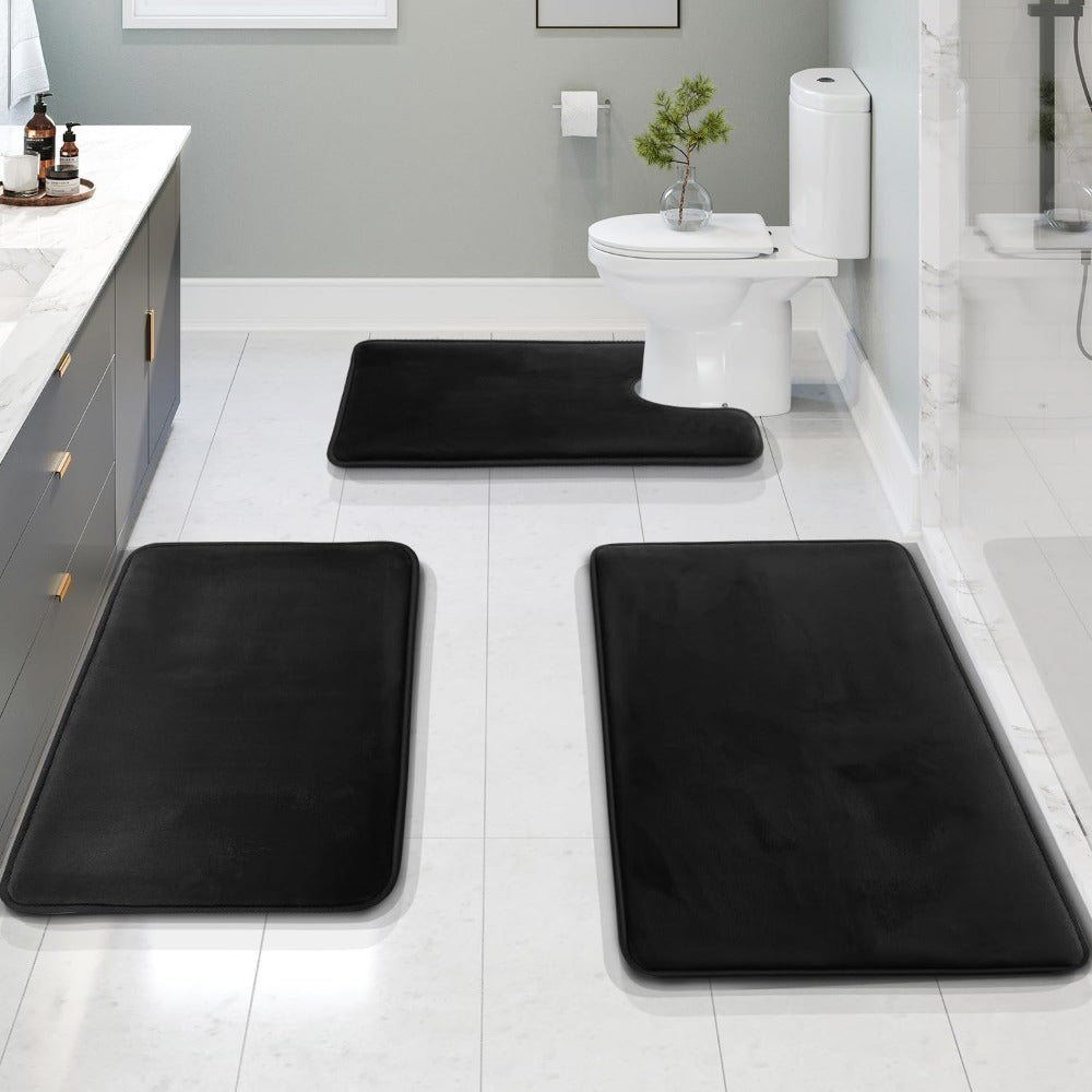 VelvaLuxe 3-Piece Memory Foam Bath Mat Set Non-Slip Absorbent Machine Washable