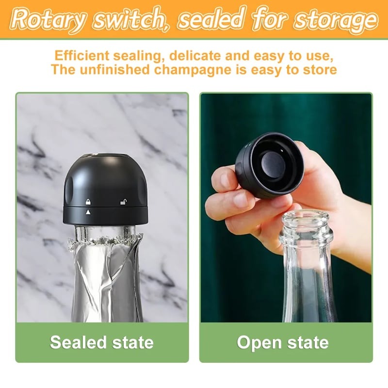 Wine Bottle Cap Stopper with Food-Grade Silicone Seal, Rotating Champagne Cork Design, Black, Fits Wine Beer Soda Bottles