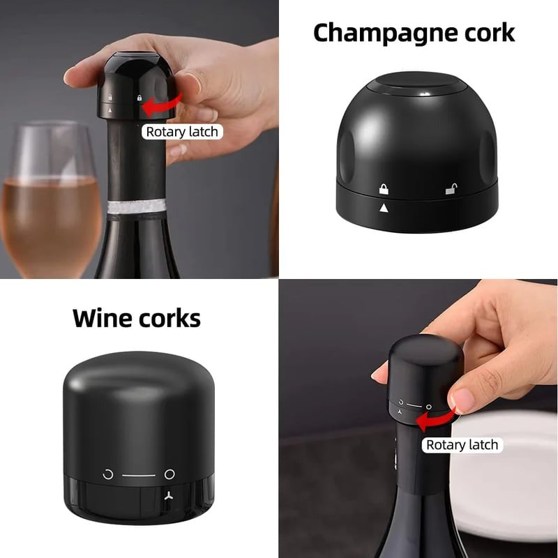 Wine Bottle Cap Stopper with Food-Grade Silicone Seal, Rotating Champagne Cork Design, Black, Fits Wine Beer Soda Bottles