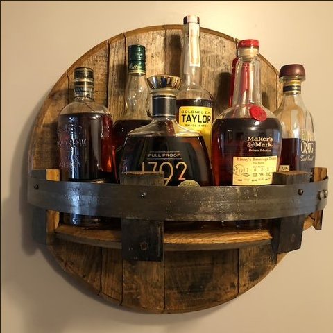 Rustic Oak Wall Shelf for Whiskey Display Reclaimed Barrel Wood Circular 7-Bottle Capacity