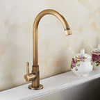 Antique Brass Kitchen Faucet Single Handle Vintage High-Arc Spout Cold Water Sink Faucet