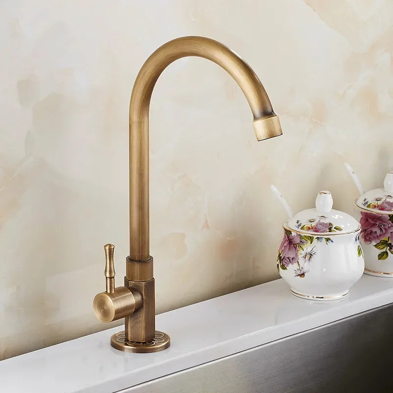 Antique Brass Kitchen Faucet Single Handle Vintage High-Arc Spout Cold Water Sink Faucet