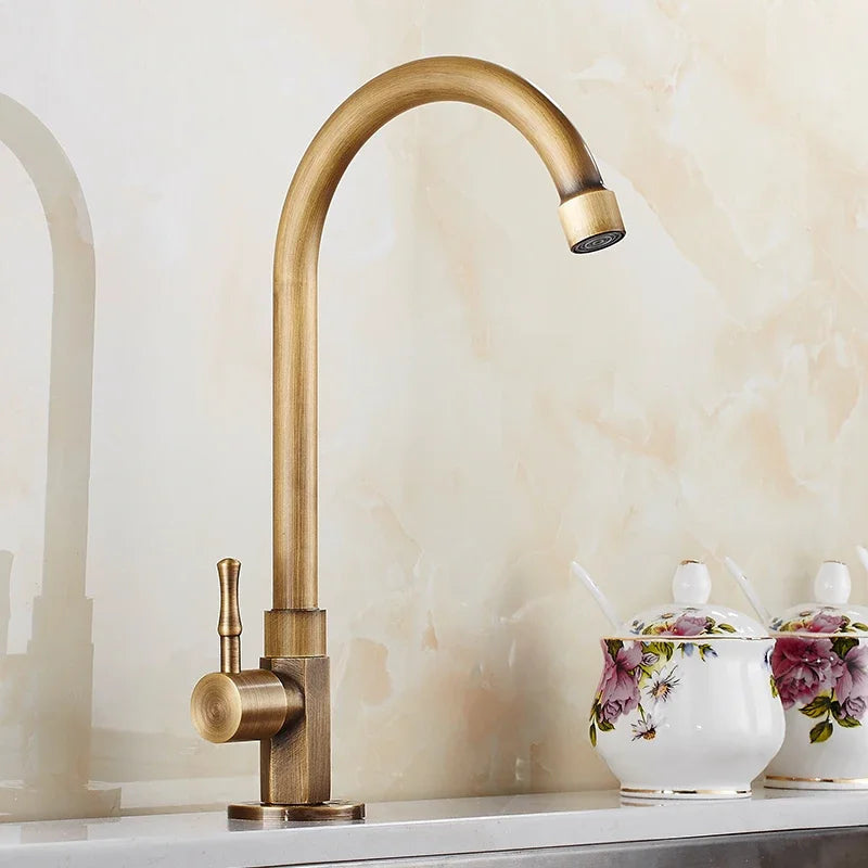 Antique Brass Kitchen Faucet Single Handle Vintage High-Arc Spout Cold Water Sink Faucet