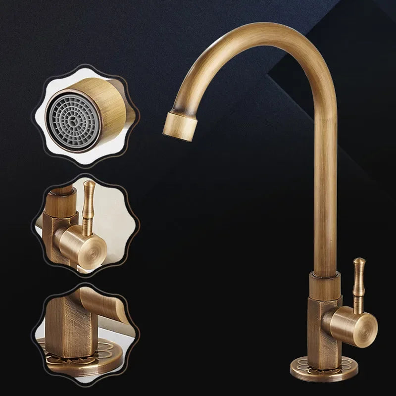 Antique Brass Kitchen Faucet Single Handle Vintage High-Arc Spout Cold Water Sink Faucet