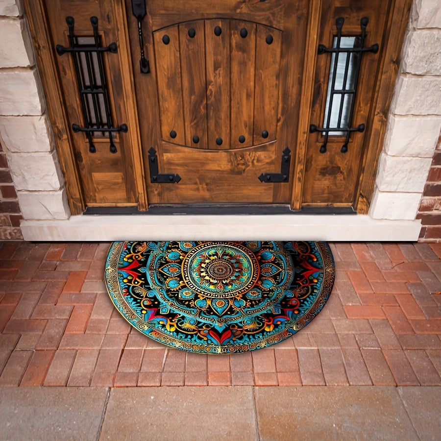 Half Moon Mandala Door Mat Semi-Circular Polyester Entry Mat with Anti-Slip Backing and Machine Washable Design
