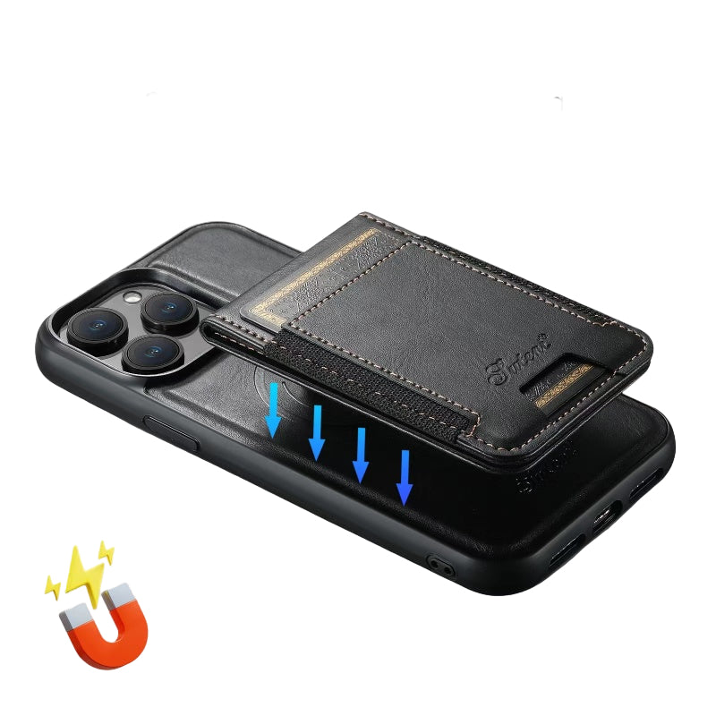 Leather iPhone Case with Card Slot, Stand, and MagSafe Wireless Charging Slim Design