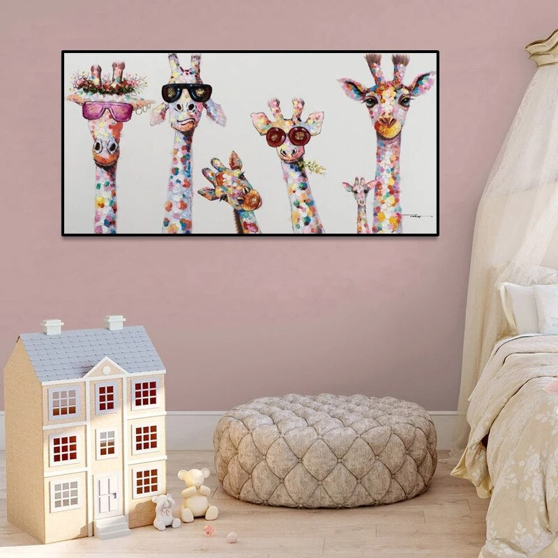 Cartoon Giraffes Canvas Wall Art Painting Modern Colorful Animal Print Horizontal Rectangle