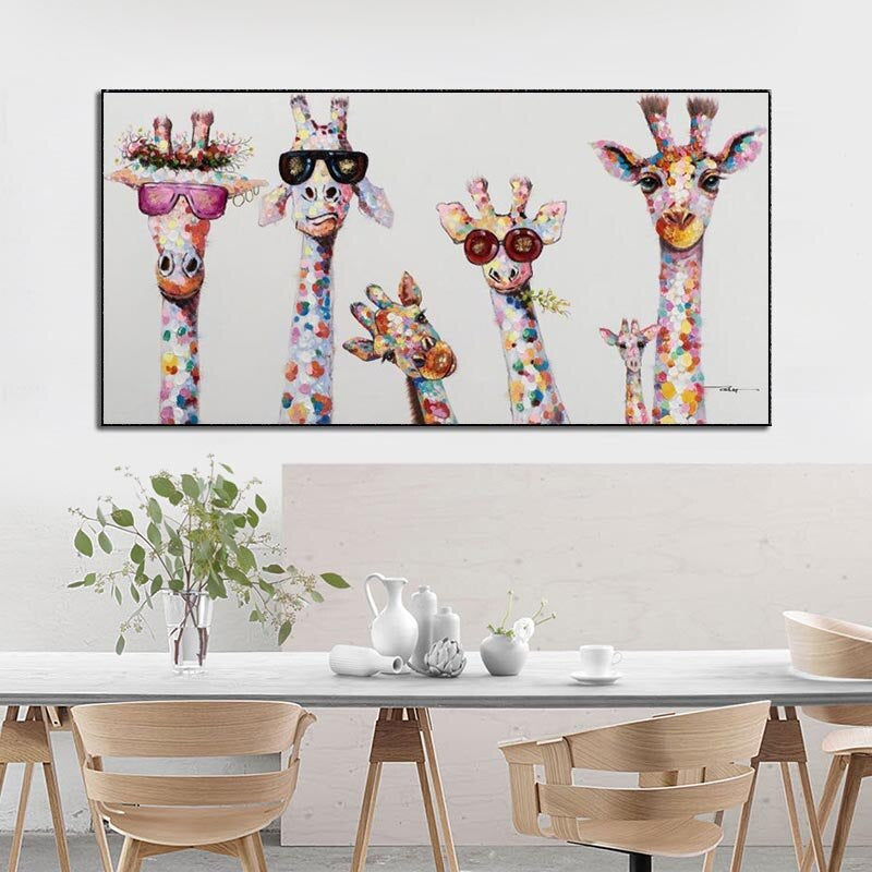 Cartoon Giraffes Canvas Wall Art Painting Modern Colorful Animal Print Horizontal Rectangle