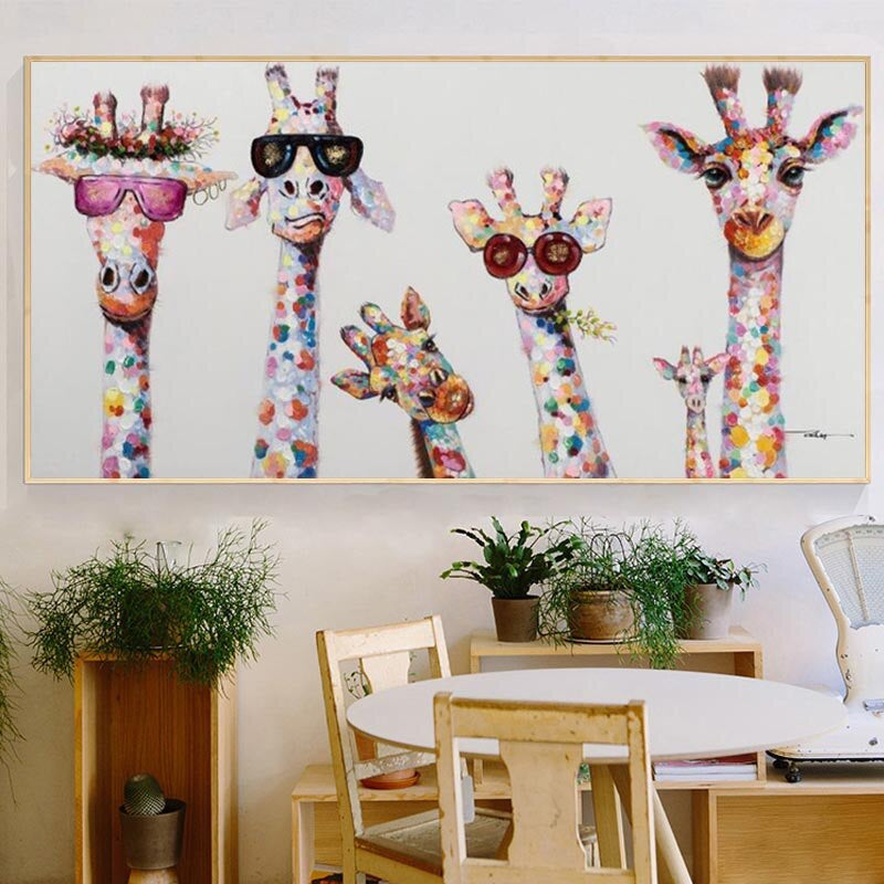 Cartoon Giraffes Canvas Wall Art Painting Modern Colorful Animal Print Horizontal Rectangle