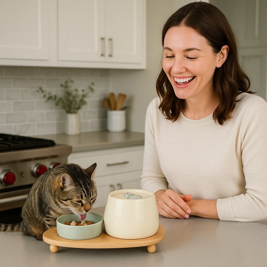 Ceramic Cat Water Fountain 1.3L with Dual Filtration Quiet USB-Powered Pet Hydration Fountain