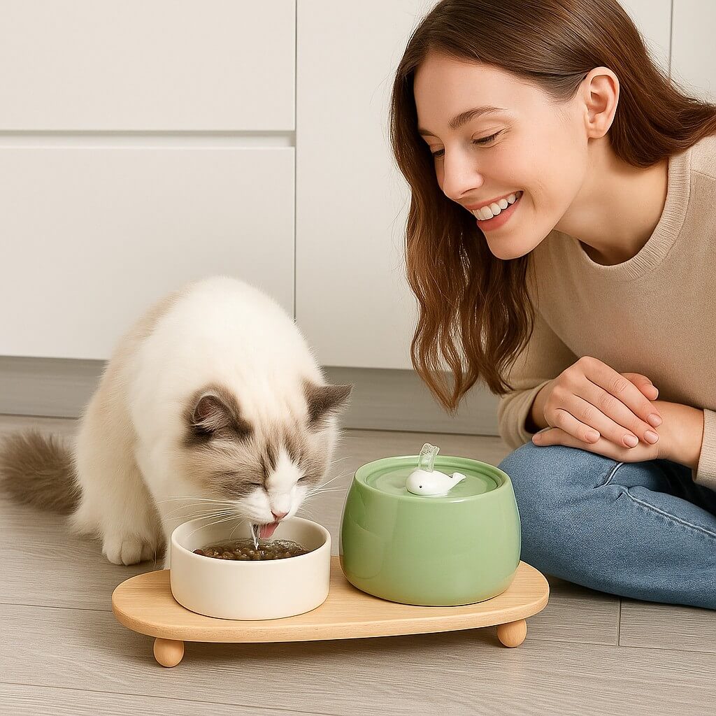 Ceramic Cat Water Fountain 1.3L with Dual Filtration Quiet USB-Powered Pet Hydration Fountain