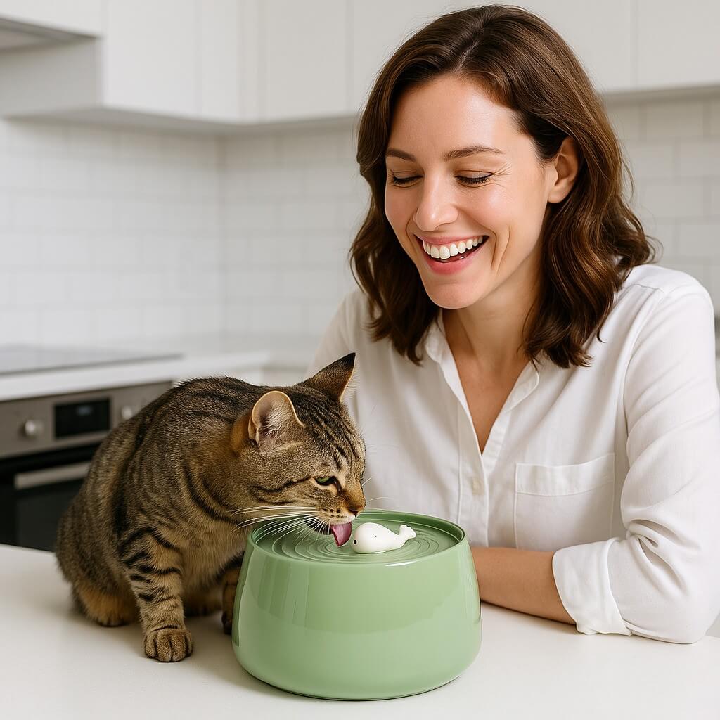 Ceramic Cat Water Fountain 1.3L with Dual Filtration Quiet USB-Powered Pet Hydration Fountain