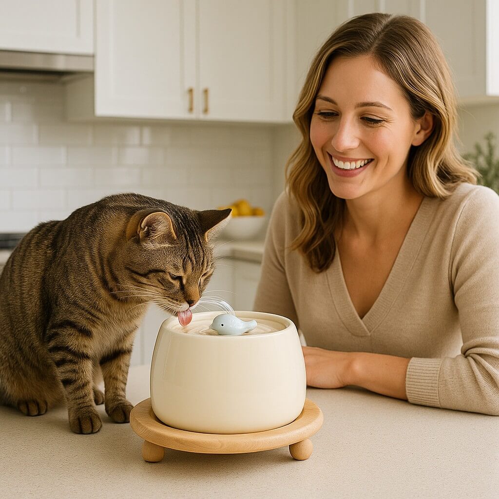 Ceramic Cat Water Fountain 1.3L with Dual Filtration Quiet USB-Powered Pet Hydration Fountain