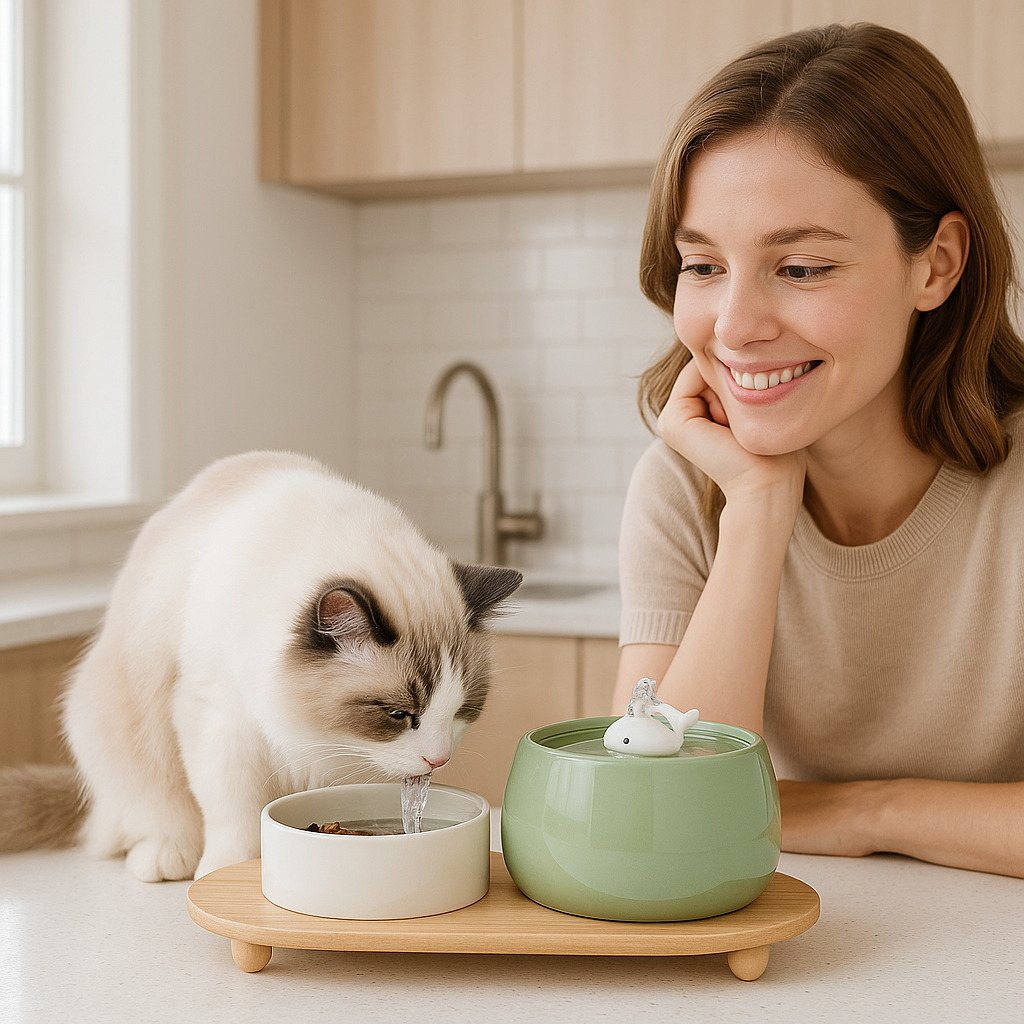 Ceramic Cat Water Fountain 1.3L with Dual Filtration Quiet USB-Powered Pet Hydration Fountain
