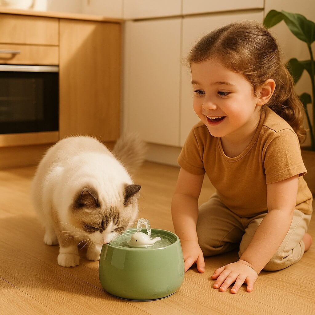 Ceramic Cat Water Fountain 1.3L with Dual Filtration Quiet USB-Powered Pet Hydration Fountain