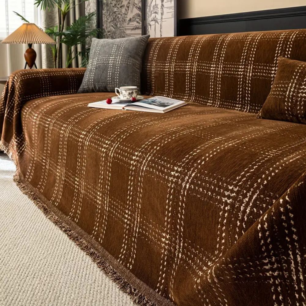 Plaid Chenille Sofa Cover with Tassels Anti-Slip Furniture Protector for 1 to 4-Seater Sofas