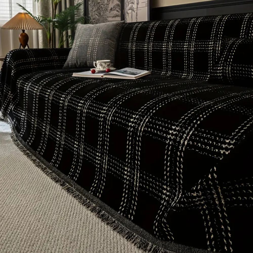 Plaid Chenille Sofa Cover with Tassels Anti-Slip Furniture Protector for 1 to 4-Seater Sofas