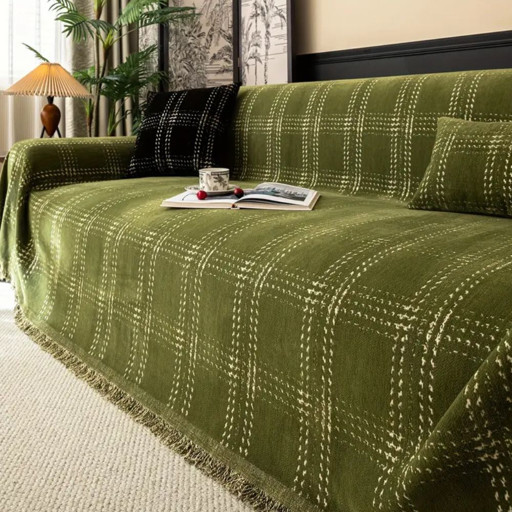 Plaid Chenille Sofa Cover with Tassels Anti-Slip Furniture Protector for 1 to 4-Seater Sofas