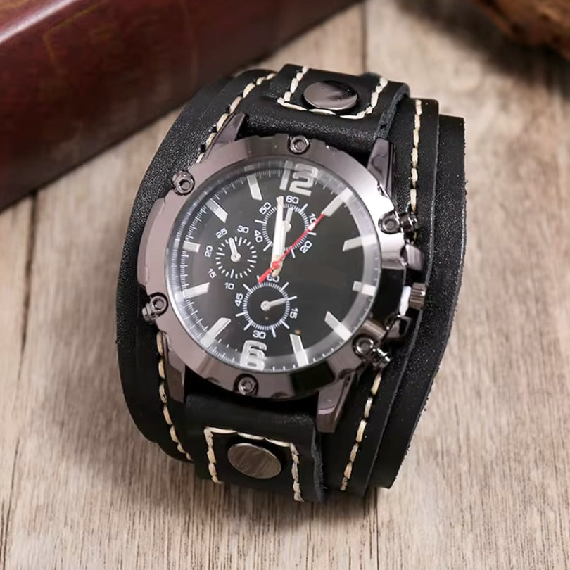 Classic Leather Strap Watch Stainless Steel Case Luminous Hands Water Resistant
