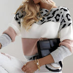 Celeste Leopard Print Round Neck Sweater Women's Warm Soft Pullover Casual Winter Top