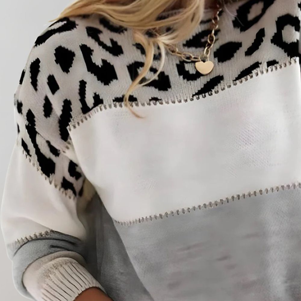 Celeste Leopard Print Round Neck Sweater Women's Warm Soft Pullover Casual Winter Top