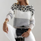 Celeste Leopard Print Round Neck Sweater Women's Warm Soft Pullover Casual Winter Top