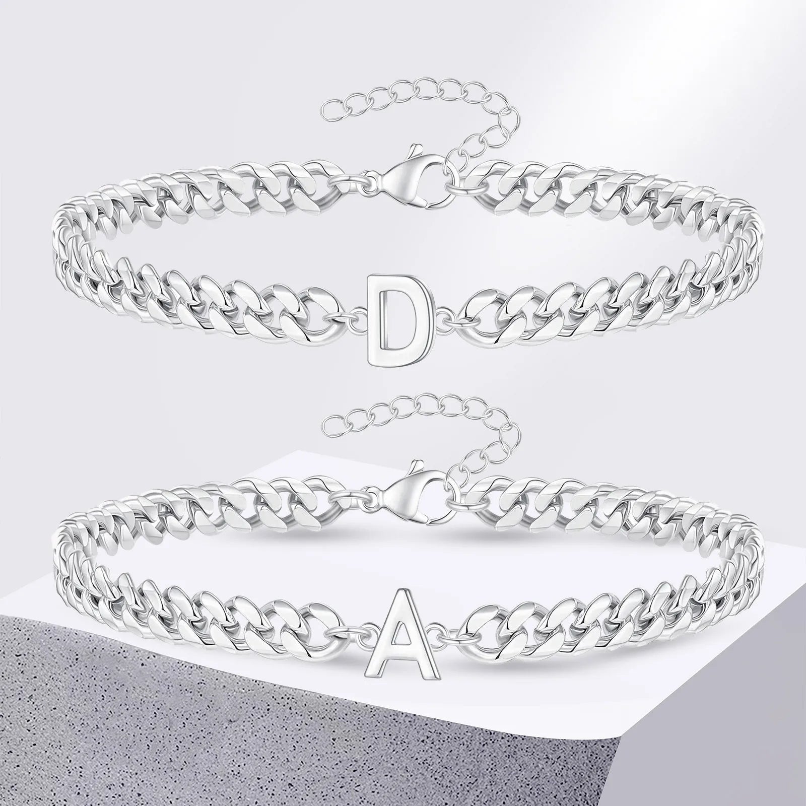 Couples Letter Initial Cuban Link Bracelet Stainless Steel Adjustable Unisex Jewelry Gift