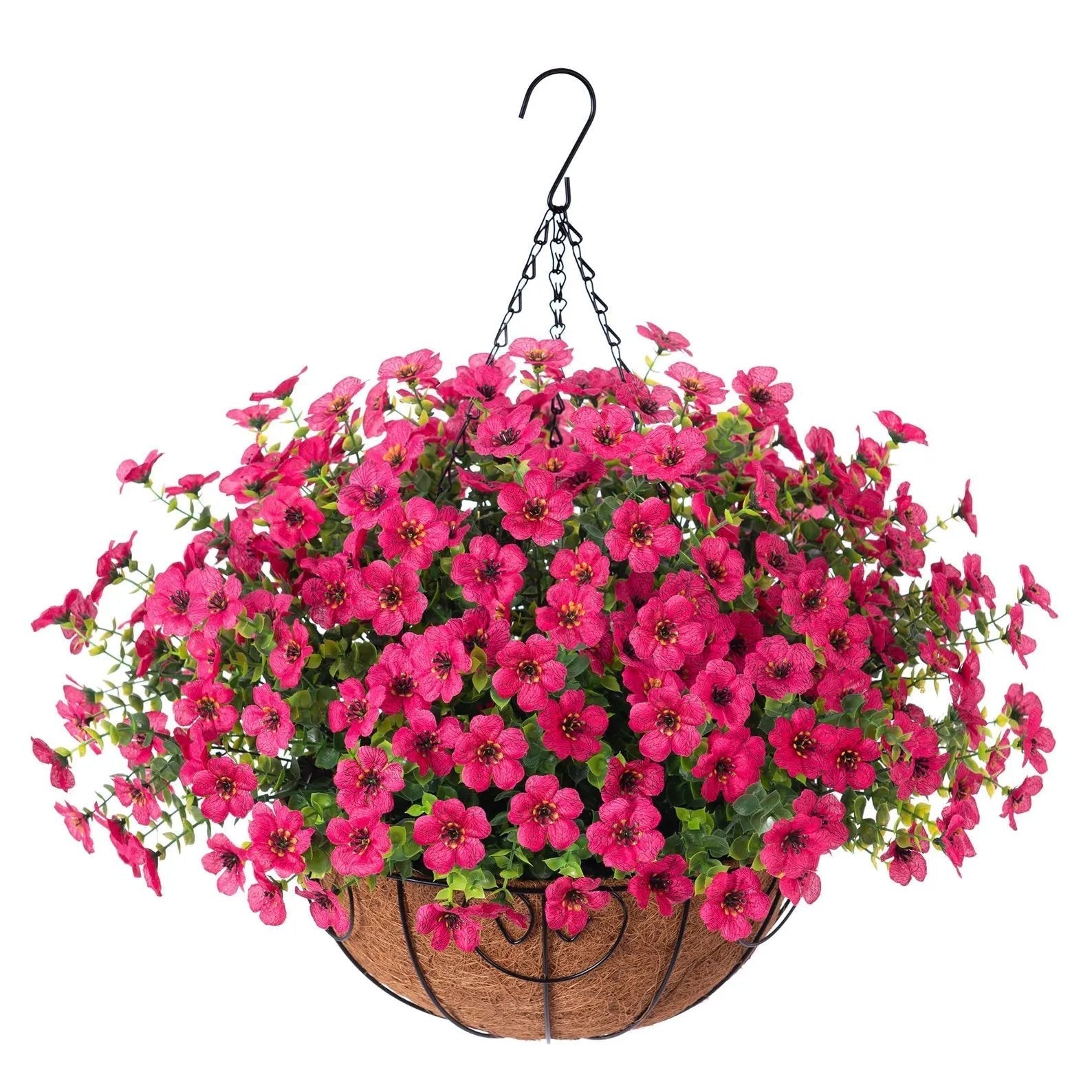 EterniBloom Artificial Hanging Flower Basket with 12 Silk Flowers Weatherproof UV-Resistant Decor