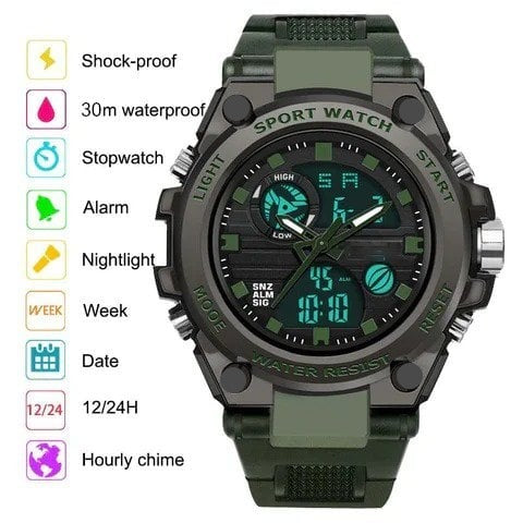 Men's Waterproof Dual-Display Sport Watch with Luminous Dial and Resin Strap