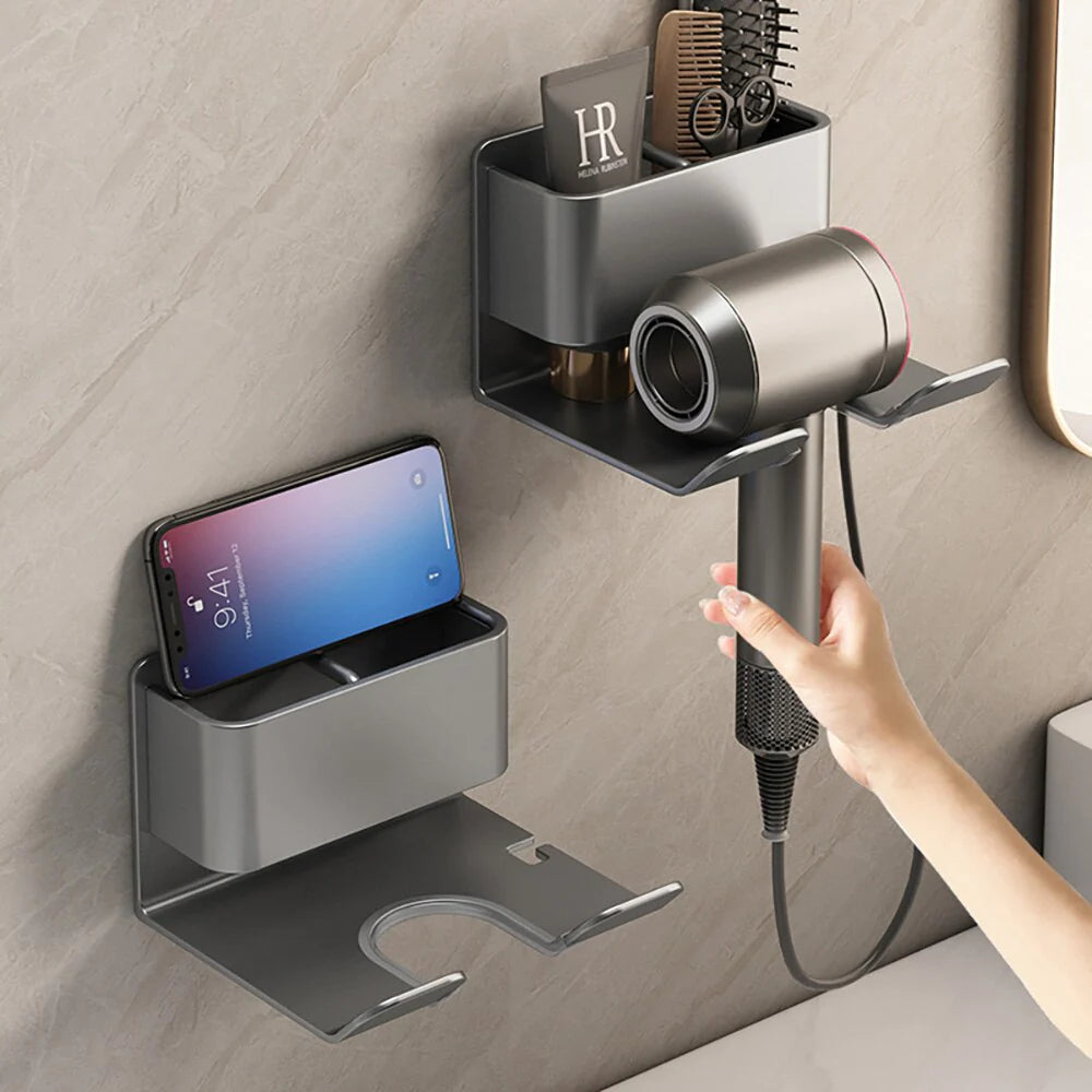 Wall Mount Hair Care Organizer Aluminum Holder for Hairdryer Brushes and Cables Black Gray White