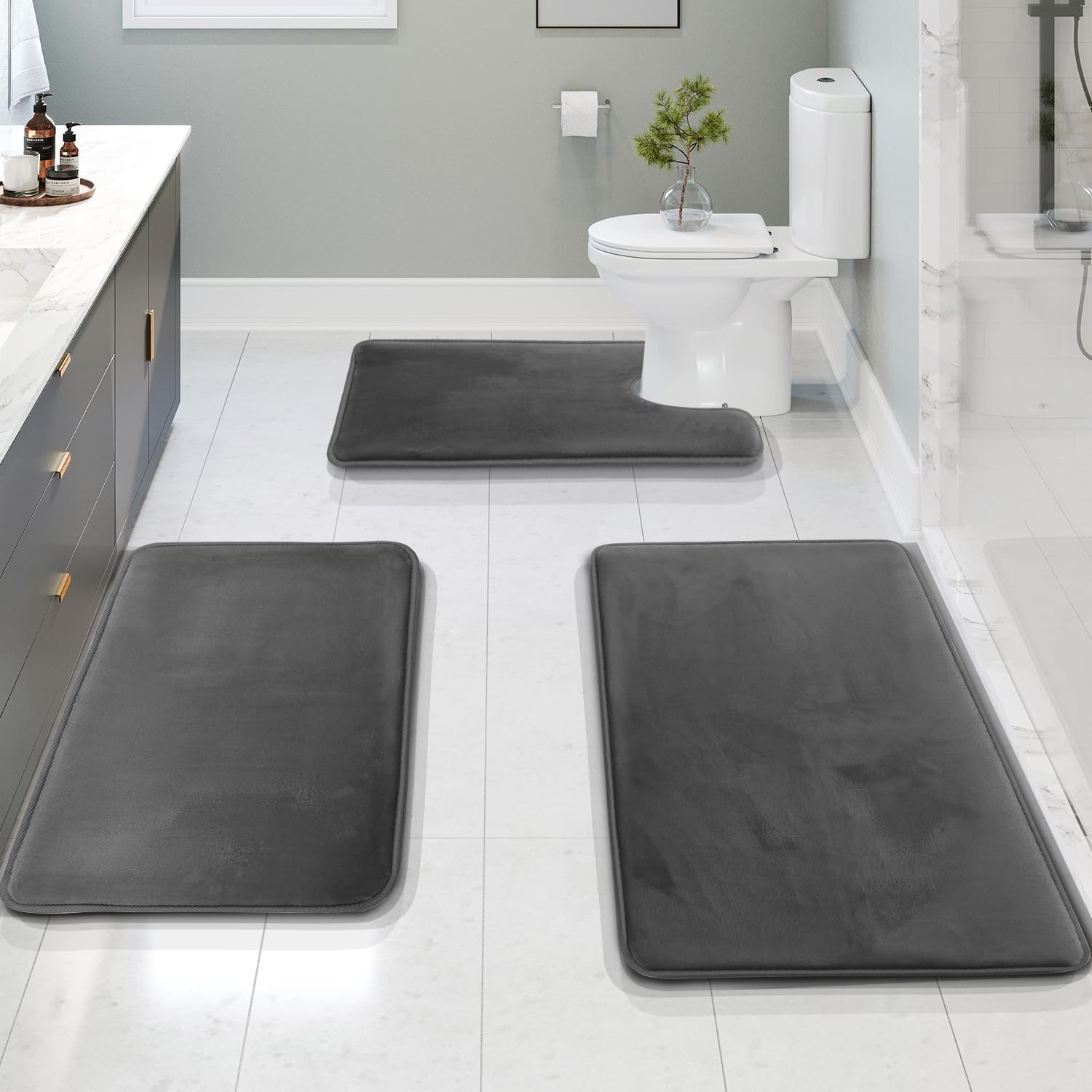 VelvaLuxe 3-Piece Memory Foam Bath Mat Set Non-Slip Absorbent Machine Washable