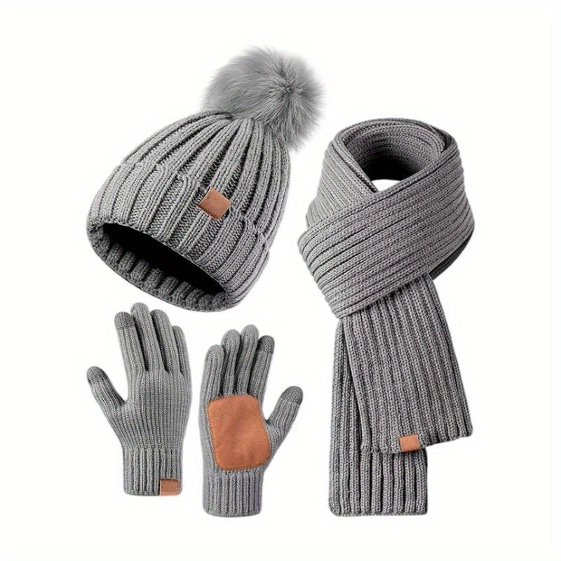 3-in-1 Knitted Winter Hat Scarf and Touchscreen Gloves Set Plush Cold Weather Accessories