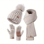 3-in-1 Knitted Winter Hat Scarf and Touchscreen Gloves Set Plush Cold Weather Accessories