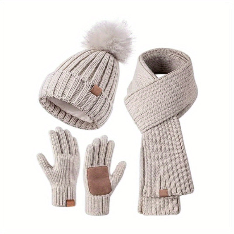 3-in-1 Knitted Winter Hat Scarf and Touchscreen Gloves Set Plush Cold Weather Accessories
