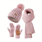 3-in-1 Knitted Winter Hat Scarf and Touchscreen Gloves Set Plush Cold Weather Accessories