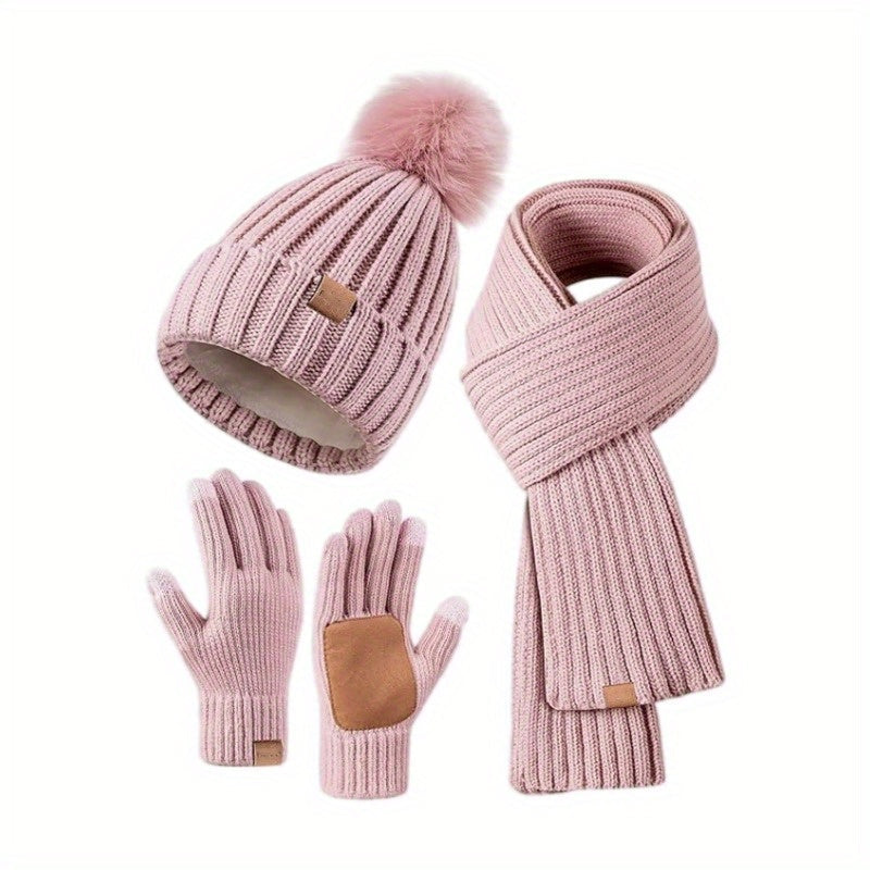 3-in-1 Knitted Winter Hat Scarf and Touchscreen Gloves Set Plush Cold Weather Accessories