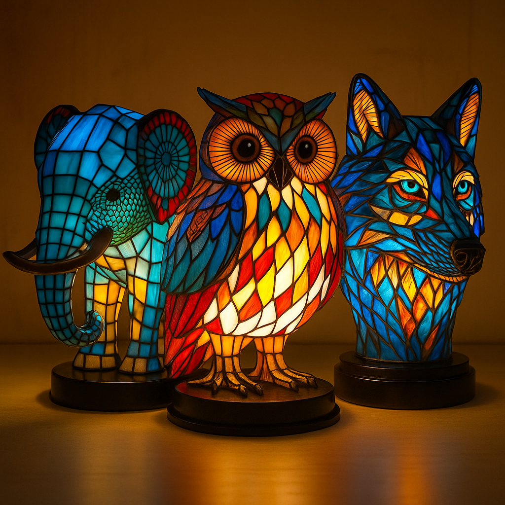 Animal Head Night Light Resin Lamp Stained Glass Style Soft Glow Accent Light