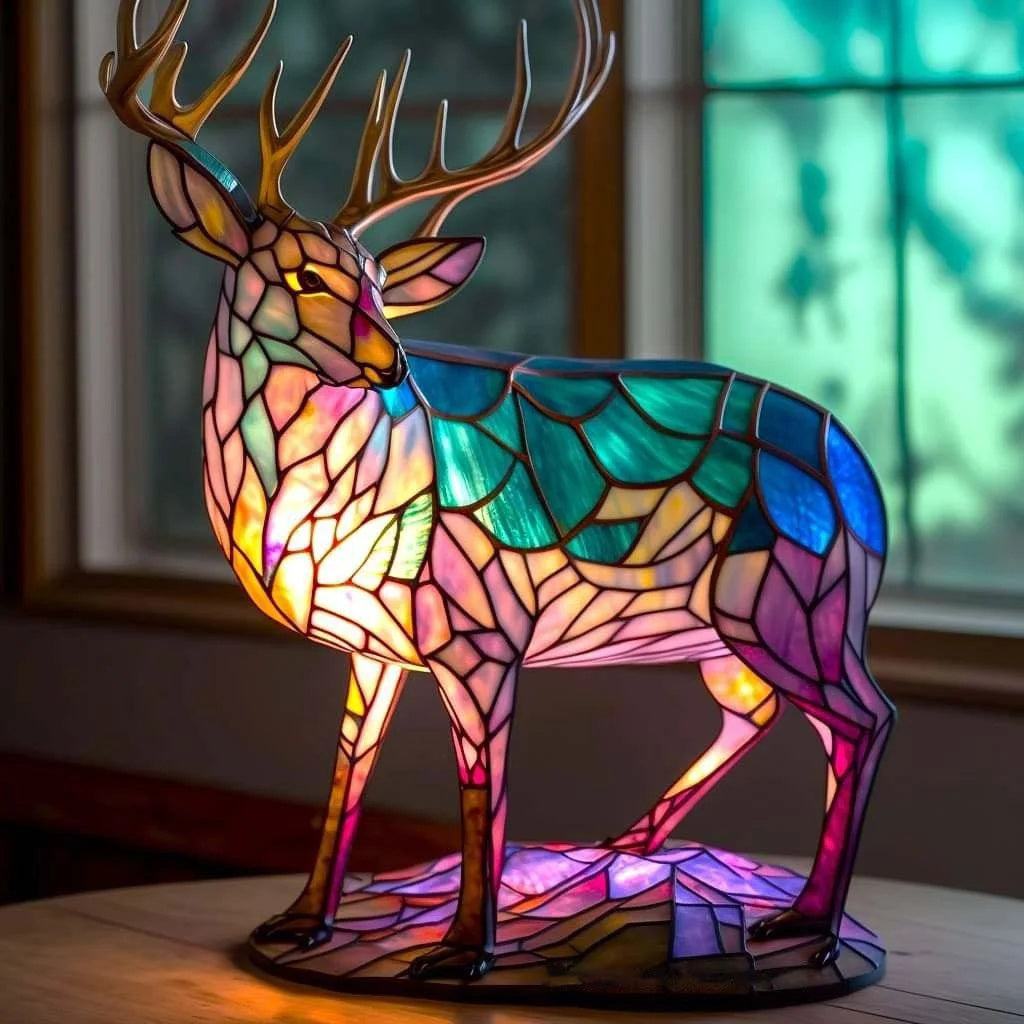 Animal Head Night Light Resin Lamp Stained Glass Style Soft Glow Accent Light