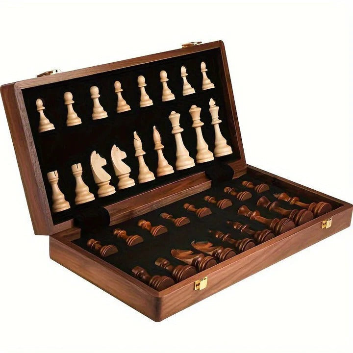 Davy Wood Chess Set Foldable Board with Magnetic Lock Hand-Carved Pieces 15x15 Inches