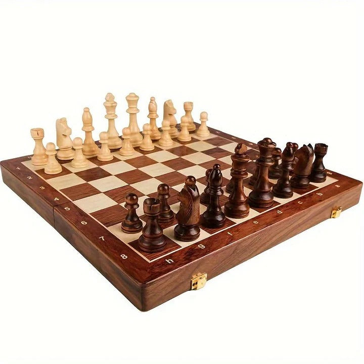 Davy Wood Chess Set Foldable Board with Magnetic Lock Hand-Carved Pieces 15x15 Inches
