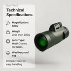 Davy Compact 600x Ultra-Zoom Monocular with HD Lens Lightweight Weatherproof for Hiking Birdwatching Sports